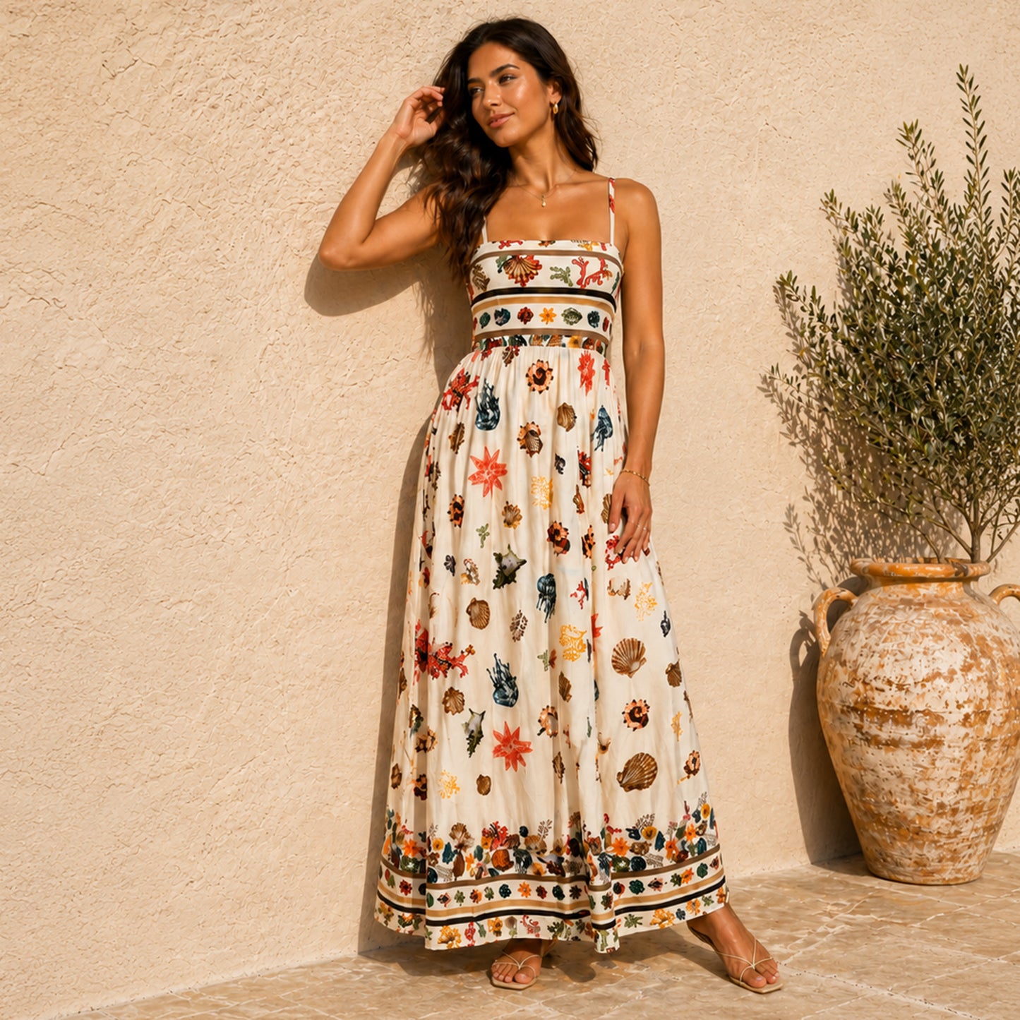Seashell Print Strappy Midi Dress