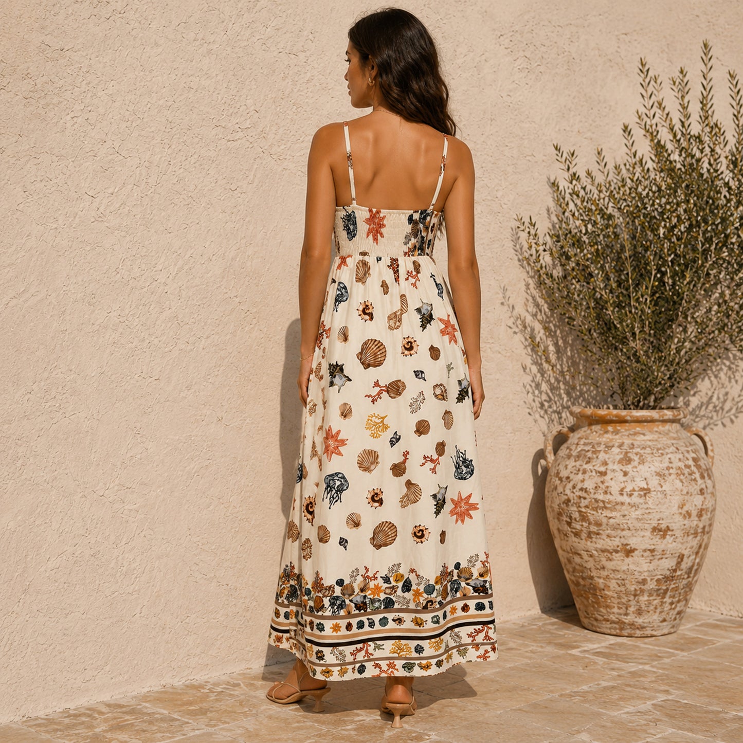 Seashell Print Strappy Midi Dress