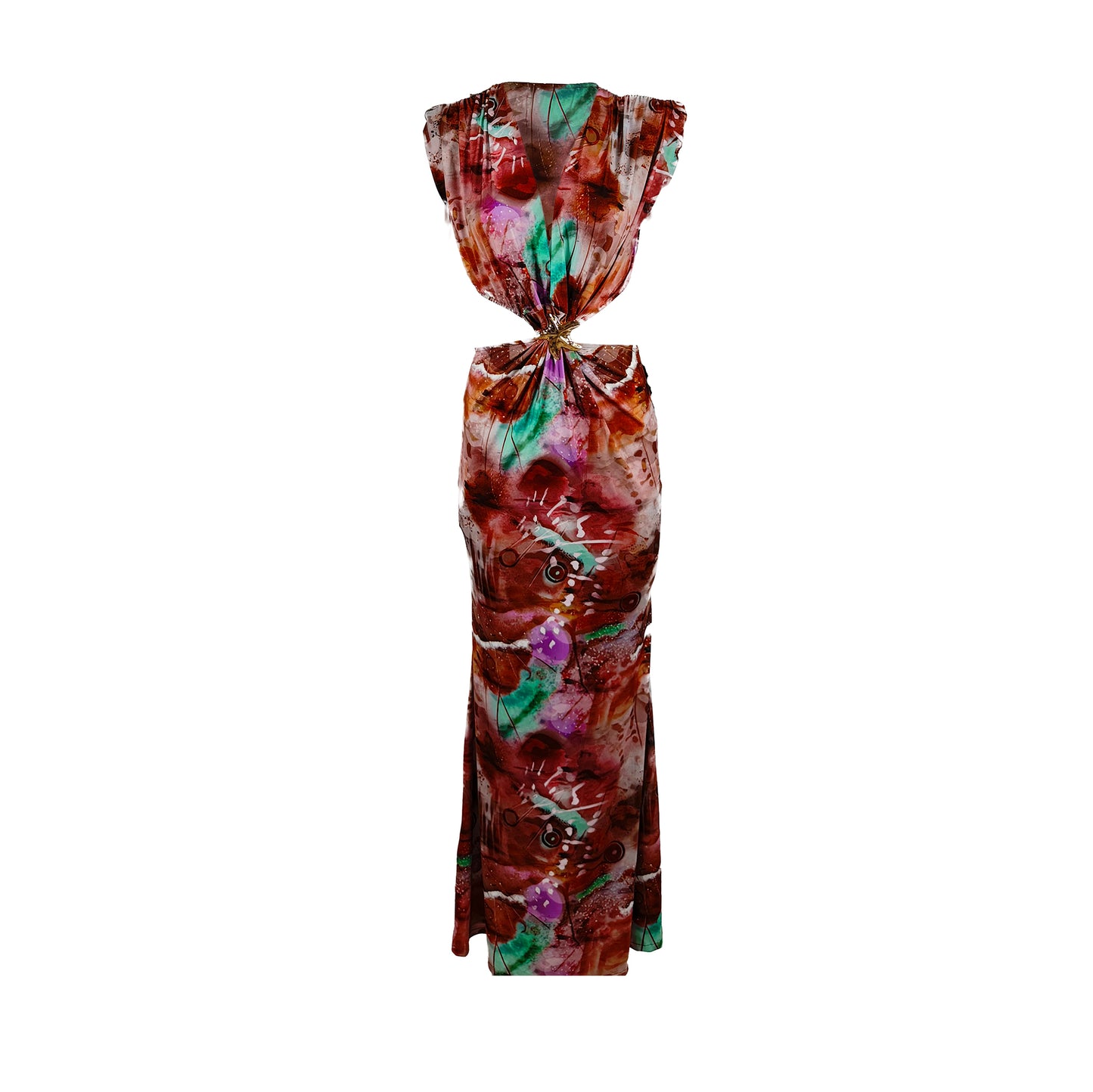 Printed Floor-Length Evening Dress with Draped Waist