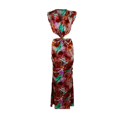 Printed Floor-Length Evening Dress with Draped Waist