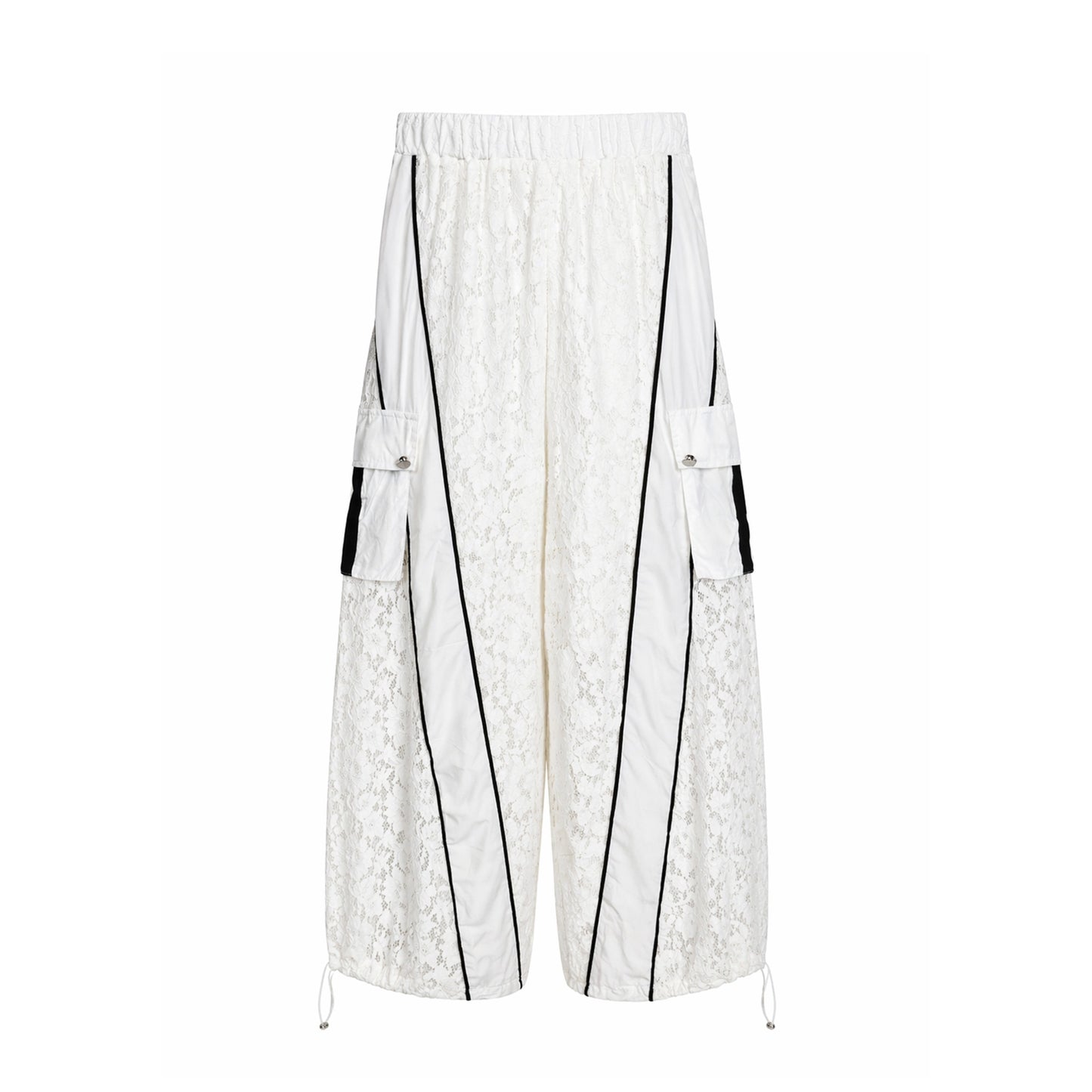 Lace Wide-Leg Cargo Pants with Contrast Trim