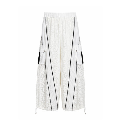 Lace Wide-Leg Cargo Pants with Contrast Trim