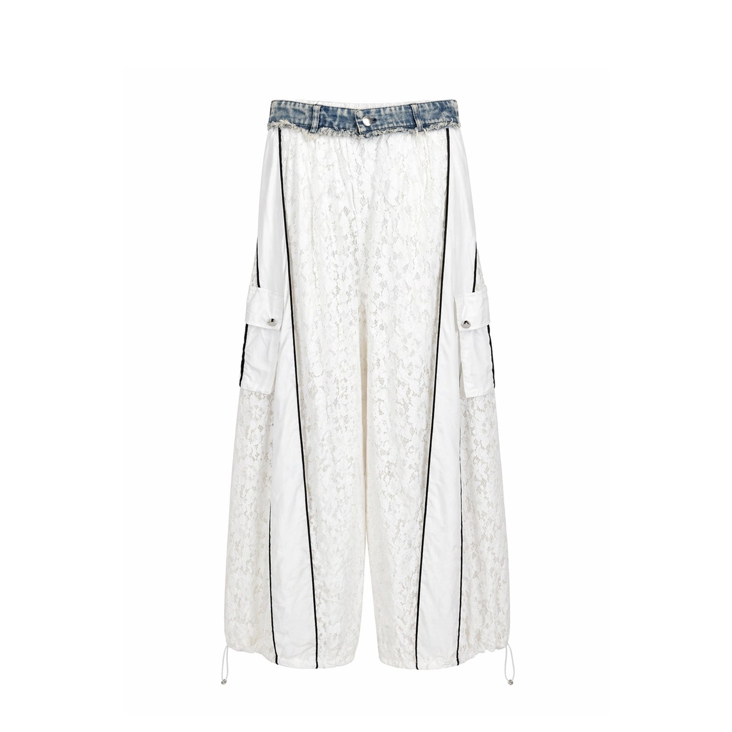 Lace Wide-Leg Cargo Pants with Contrast Trim