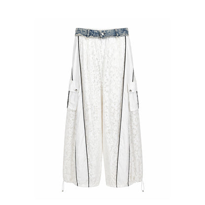 Lace Wide-Leg Cargo Pants with Contrast Trim