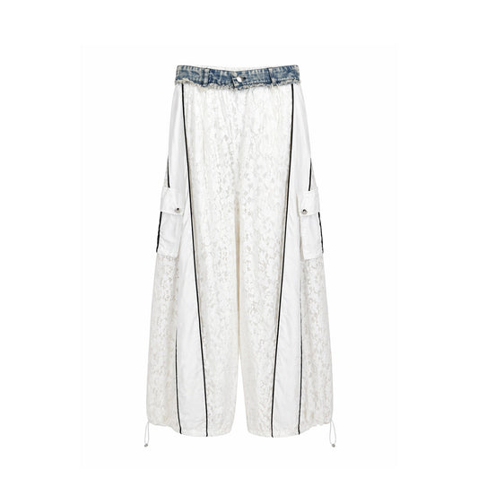 Lace Wide-Leg Cargo Pants with Contrast Trim