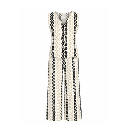 Zigzag Knit Vest & Wide-Leg Pants Set
