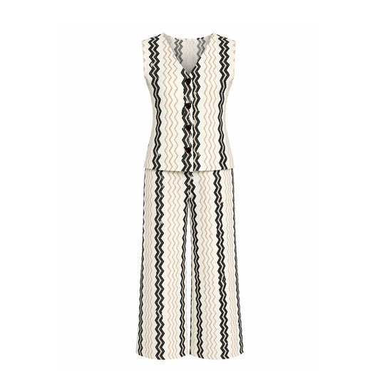 Zigzag Knit Vest & Wide-Leg Pants Set