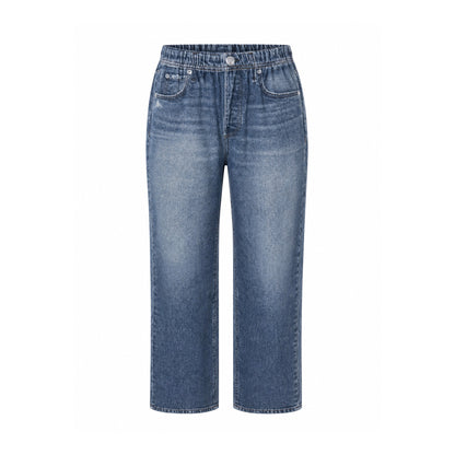 Terry Denim Elastic Waist Straight-Leg Jeans