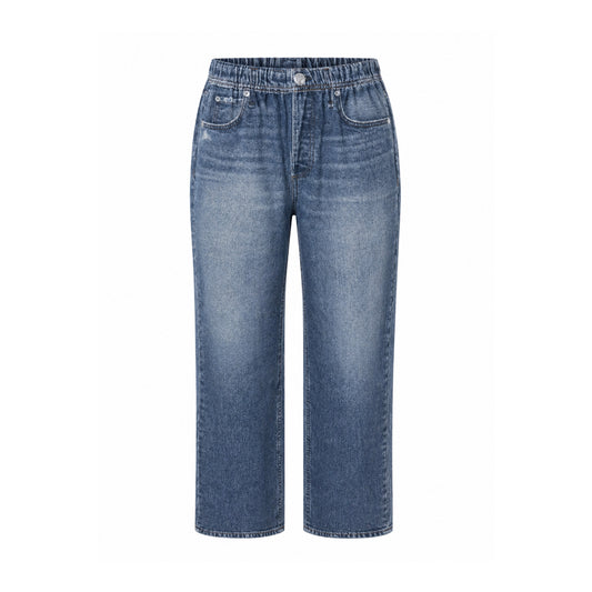 Terry Denim Elastic Waist Straight-Leg Jeans