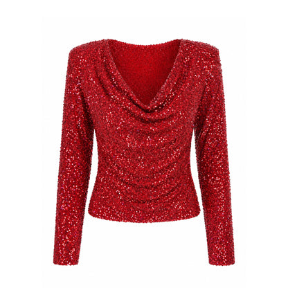 Sequin Long Sleeve V-Neck Top