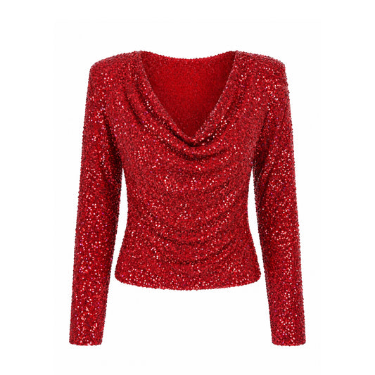 Sequin Long Sleeve V-Neck Top