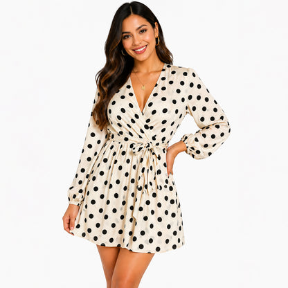 Polka Dot Wrap Mini Dress with Tie Waist