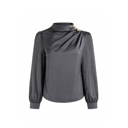 High Neck Draped Blouse with Pearl Detail