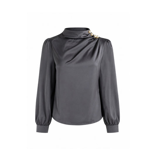 High Neck Draped Blouse with Pearl Detail