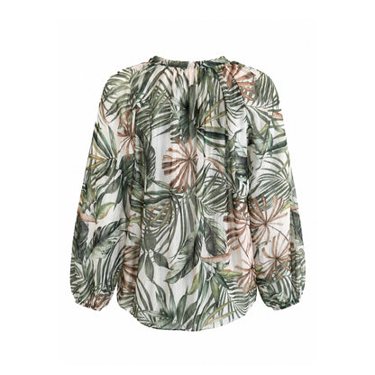 Sheer Ruffle Blouse with Tropical Print