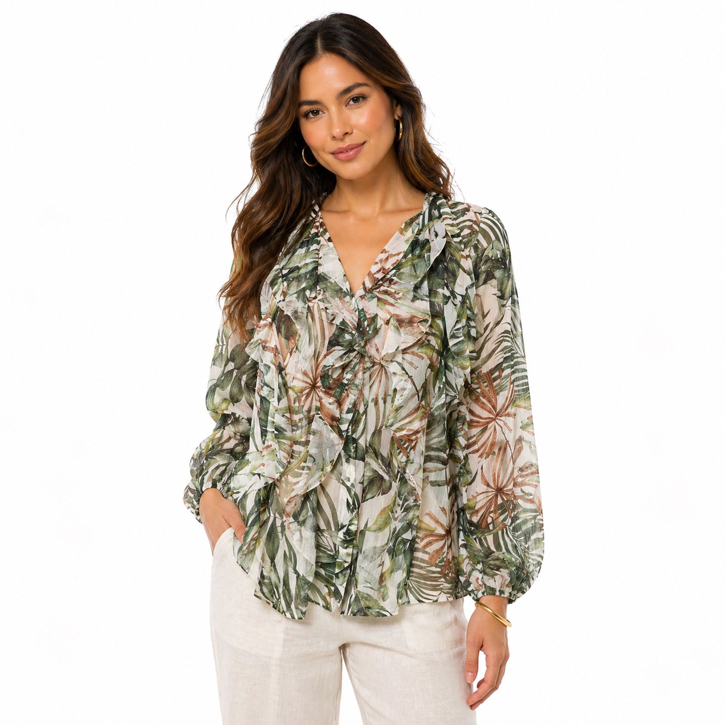 Sheer Ruffle Blouse with Tropical Print