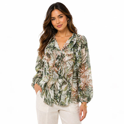 Sheer Ruffle Blouse with Tropical Print