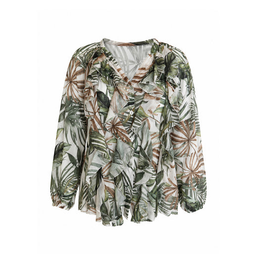 Sheer Ruffle Blouse with Tropical Print