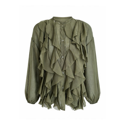 Ruffle Sheer Blouse – Lightweight Button Front