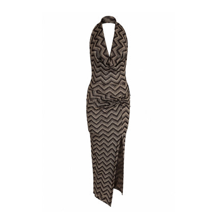 Sheer Chevron Halter Maxi Dress with Slit