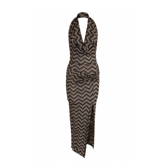 Sheer Chevron Halter Maxi Dress with Slit