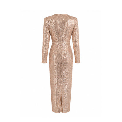 Sequin Deep V Maxi Dress with Sleeves