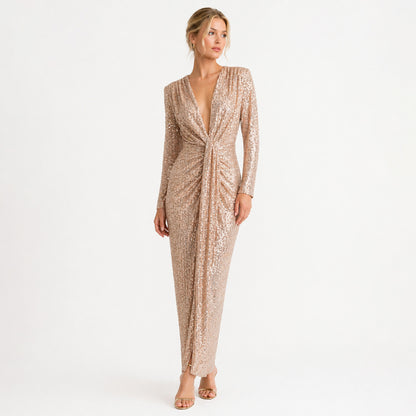 Sequin Deep V Maxi Dress with Sleeves