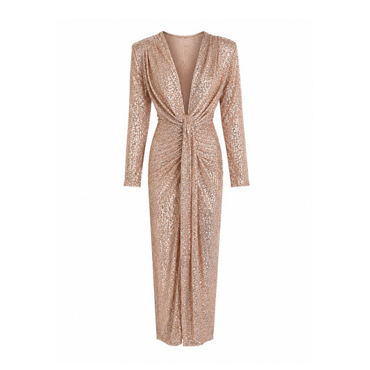 Sequin Deep V Maxi Dress with Sleeves