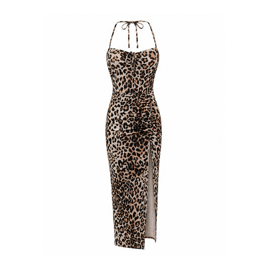 Leopard Print Halter Midi Dress with Slit