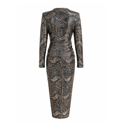 Sequin Ruched Midi Dress with Slit