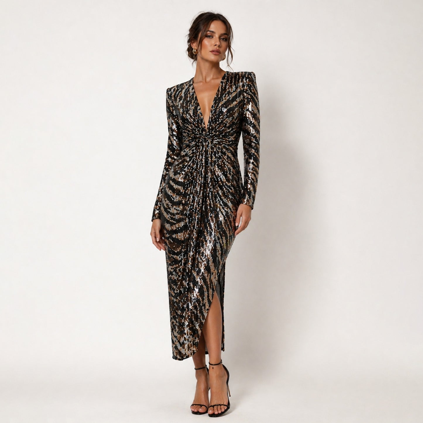 Sequin Ruched Midi Dress with Slit