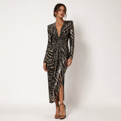 Sequin Ruched Midi Dress with Slit