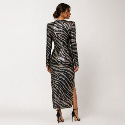Sequin Ruched Midi Dress with Slit