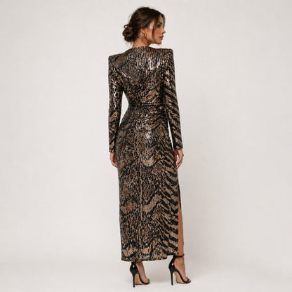 Sequin Ruched Midi Dress with Slit