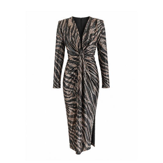 Sequin Ruched Midi Dress with Slit