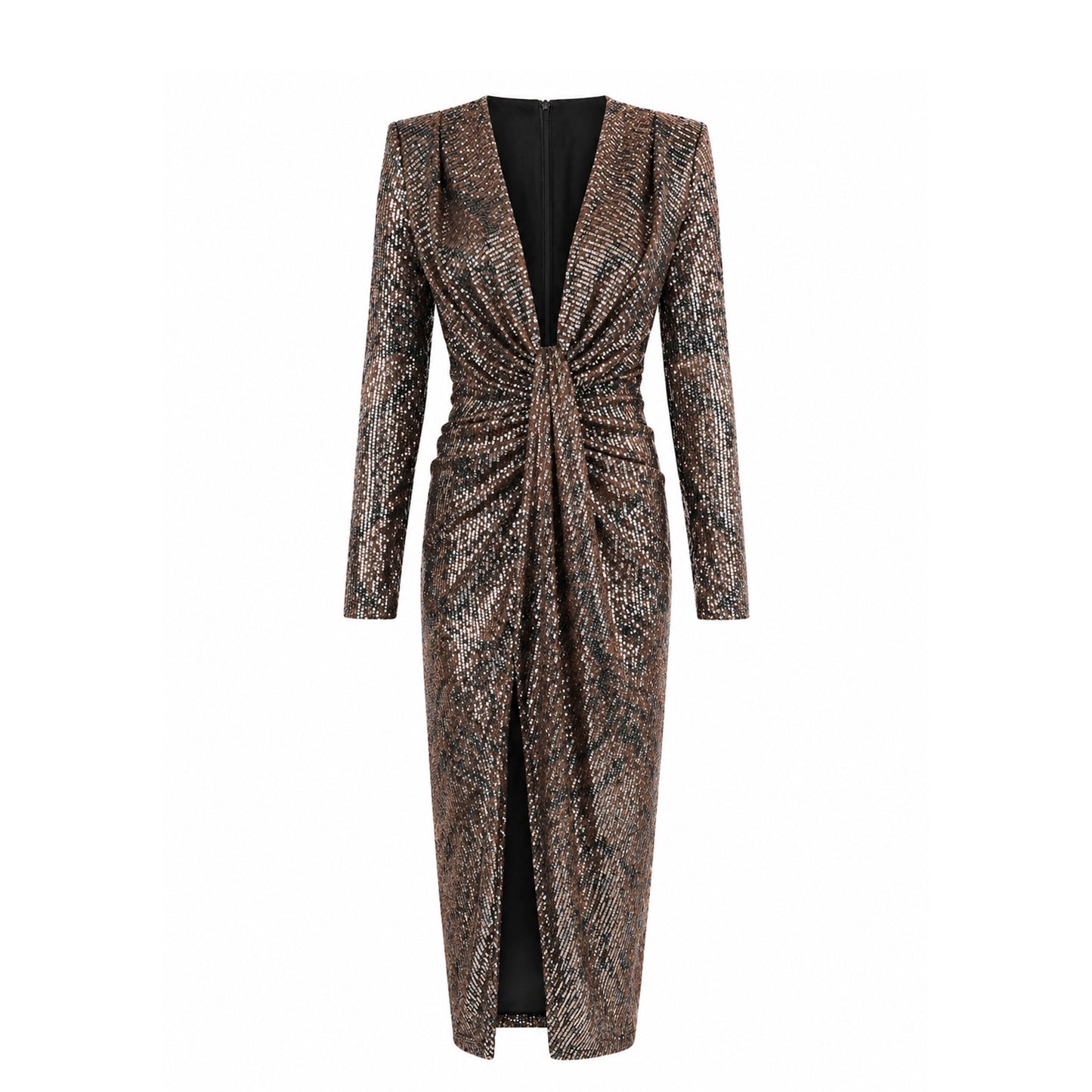 Sequin Ruched Midi Dress with Slit