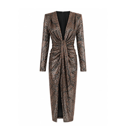 Sequin Ruched Midi Dress with Slit
