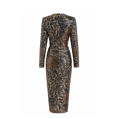 Sequin Ruched Midi Dress with Slit