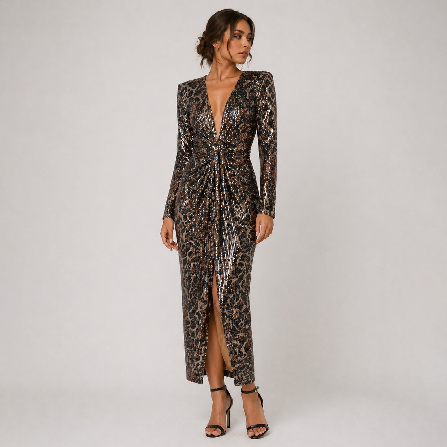 Sequin Ruched Midi Dress with Slit