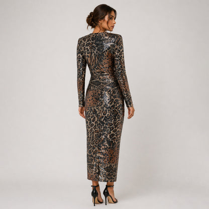 Sequin Ruched Midi Dress with Slit