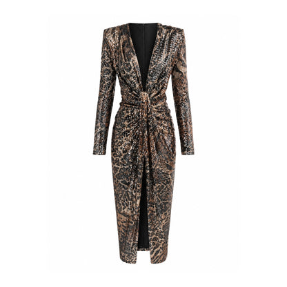 Sequin Ruched Midi Dress with Slit