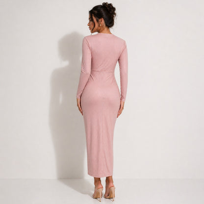Rhinestone Ruched Midi Dress with Side Slit