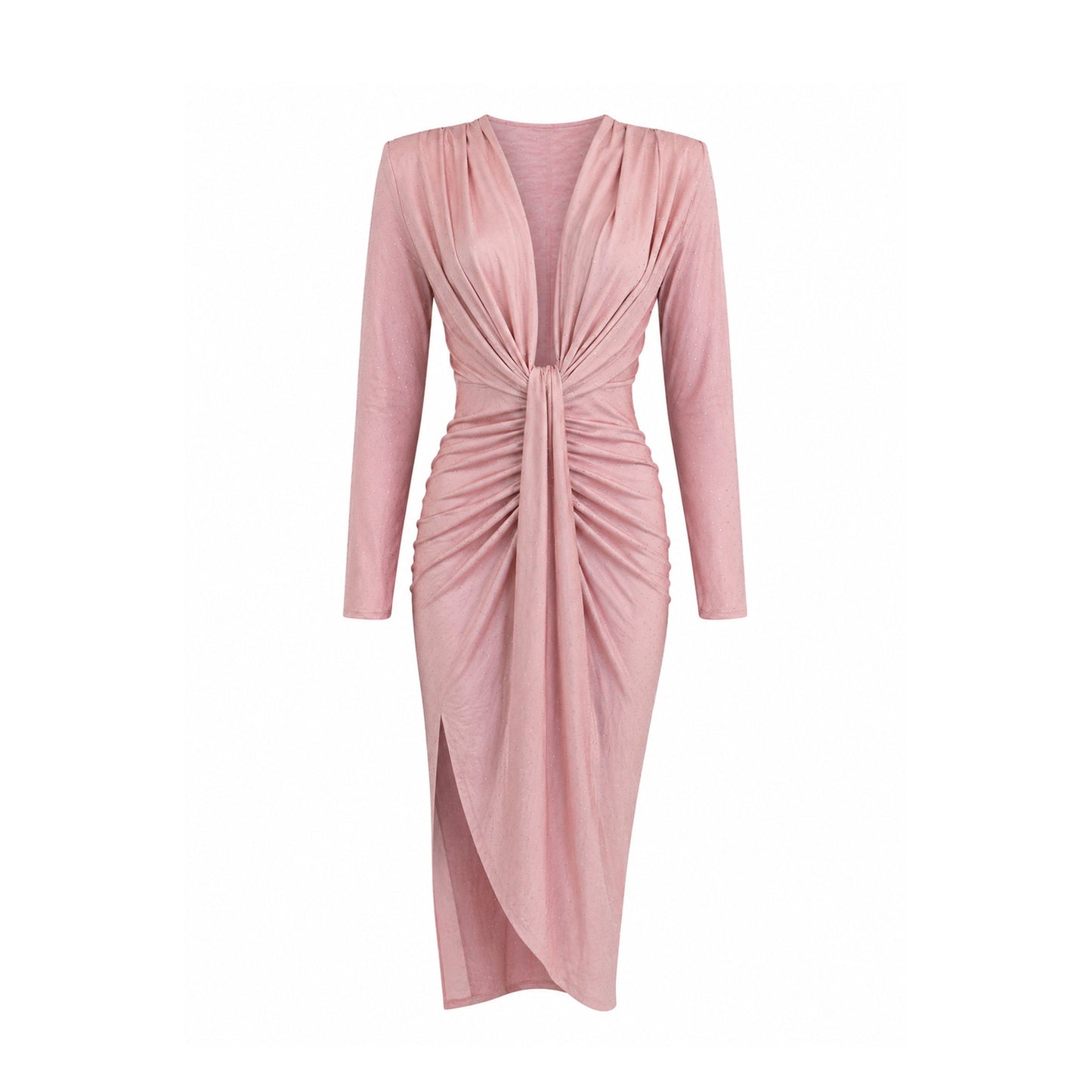 Rhinestone Ruched Midi Dress with Side Slit