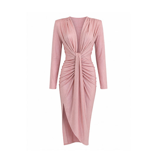 Rhinestone Ruched Midi Dress with Side Slit