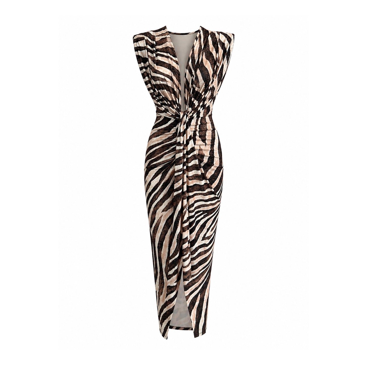Elegant Animal Print Ruched Deep V Midi Dress
