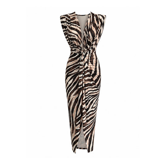 Elegant Animal Print Ruched Deep V Midi Dress
