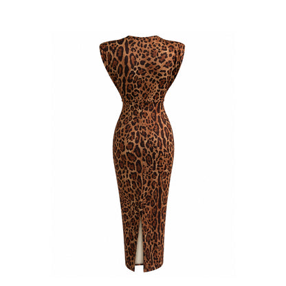 Elegant Animal Print Ruched Deep V Midi Dress