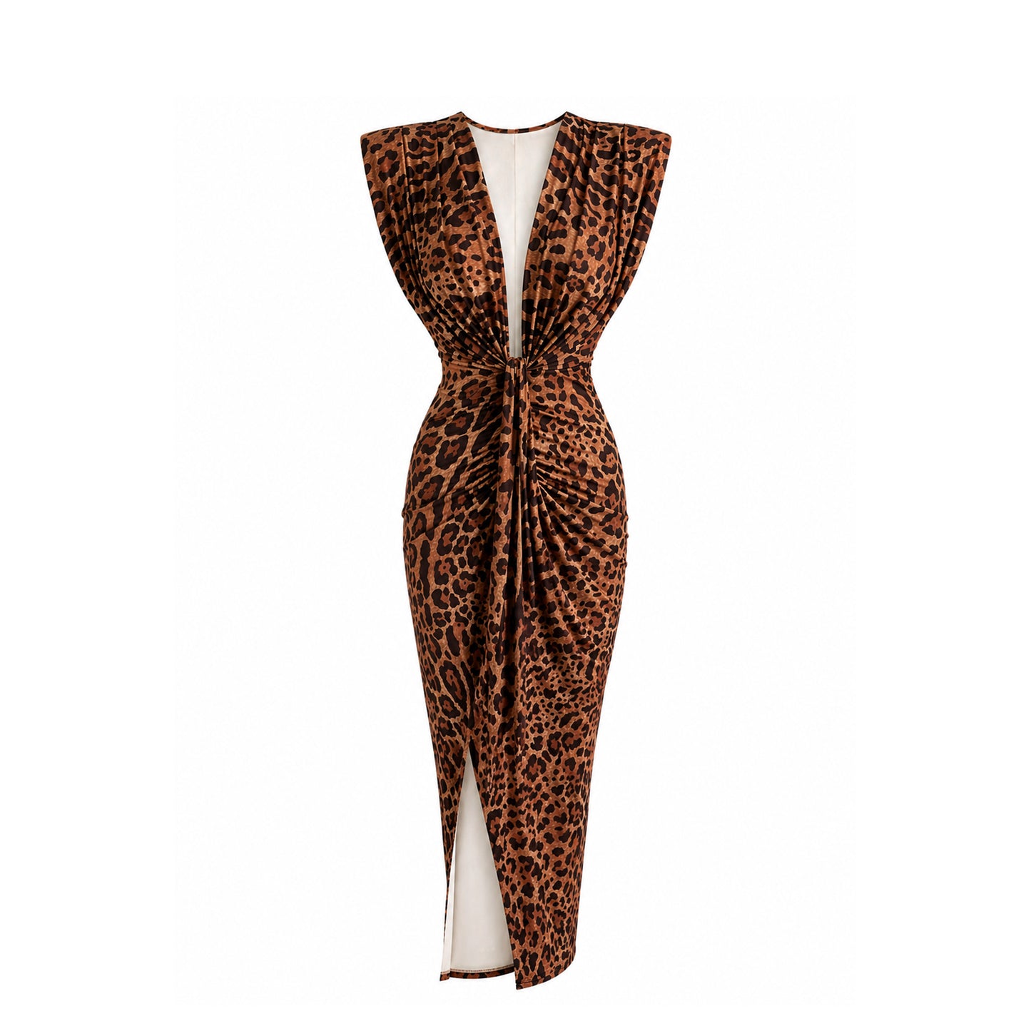 Elegant Animal Print Ruched Deep V Midi Dress