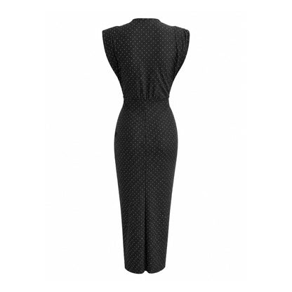 Black Rhinestone Draped Midi Dress with Slit