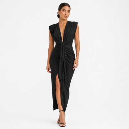 Black Rhinestone Draped Midi Dress with Slit